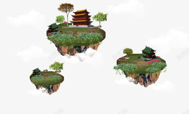 漂浮小岛png免抠素材_新图网 https://ixintu.com 中国风 建筑 漂浮小岛 绿色