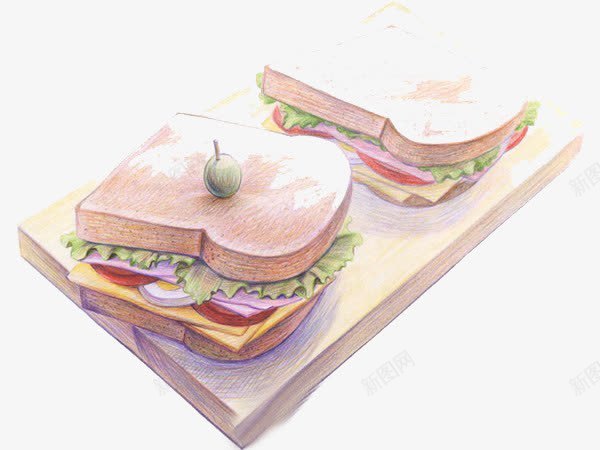 手绘三明治png免抠素材_新图网 https://ixintu.com 三明治 手绘 早餐 食物