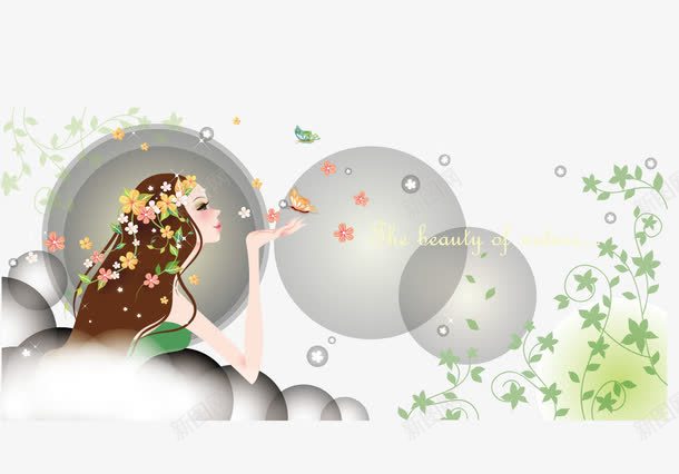 吹风的美女png免抠素材_新图网 https://ixintu.com 吹风的美女 插画 清新 矢量素材 绿色 风吹效果