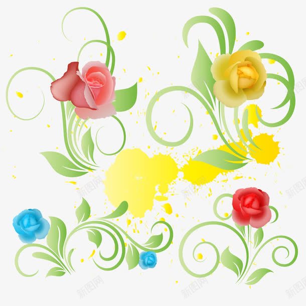 小清新手绘玫瑰花png免抠素材_新图网 https://ixintu.com 小清新 玫瑰花 粉色 花朵 蓝色 黄色