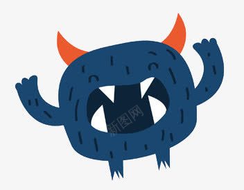 深蓝色的怪物png免抠素材_新图网 https://ixintu.com 大嘴巴 大尖牙 橙双角