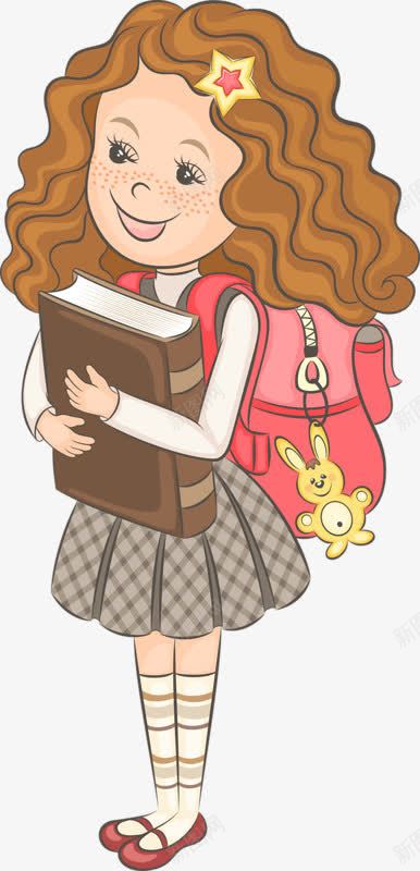 卡通手绘卷发小女孩png免抠素材_新图网 https://ixintu.com 书本 卡通女孩 可爱 粉色书包