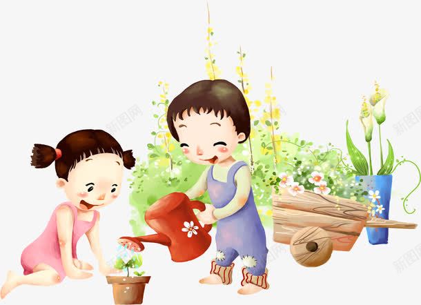 卡通人物png免抠素材_新图网 https://ixintu.com 女孩 推车 浇花 男孩