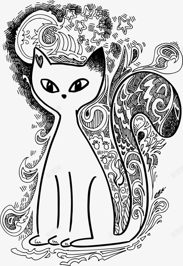 卡通手绘猫装饰图案矢量图ai免抠素材_新图网 https://ixintu.com 动物 卡通手绘 手绘动物 猫 线条 装饰图案 黑色 矢量图