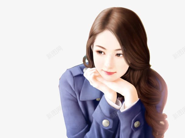 蓝衣长卷发知性美女手绘png免抠素材_新图网 https://ixintu.com 美女 长卷