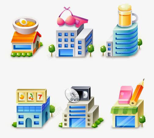 六种建筑cpng免抠素材_新图网 https://ixintu.com 卡通 地图 建筑 箭头 路标