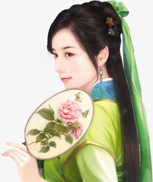 古扇绿裙女子png免抠素材_新图网 https://ixintu.com 女子