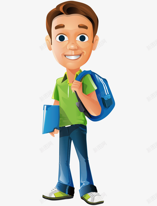 卡通手绘Q版男孩背包文件夹矢量图ai免抠素材_新图网 https://ixintu.com Q版的男孩 卡通的男孩 平面男孩素材 男孩的背包 蓝色的文件夹 矢量图