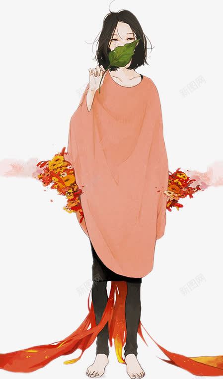 卡通手绘女孩拿着树叶png免抠素材_新图网 https://ixintu.com 卡通 女孩 手绘 拿着 树叶