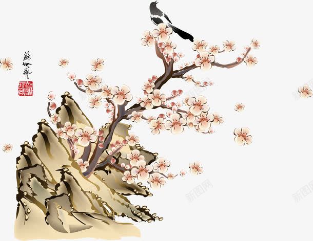 国画桃花png免抠素材_新图网 https://ixintu.com AI 中国风 卡通 古典 喜鹊 国画 手绘 插画 桃花 线条 鸟