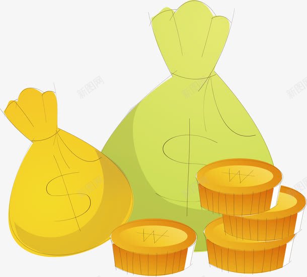 手绘卡通金融png免抠素材_新图网 https://ixintu.com 卡通素材 可爱卡通 手绘 手绘卡通 金币 金融元素 钱袋
