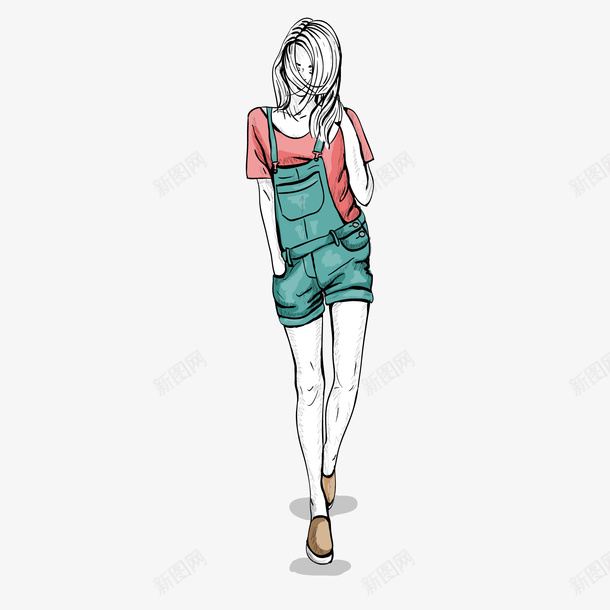 卡通穿背带裤的女性人物矢量图ai免抠素材_新图网 https://ixintu.com 人物设计 卡通 女性人物 彩绘 手绘 背带裤 矢量图