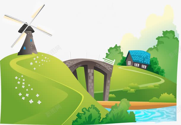 桥梁png免抠素材_新图网 https://ixintu.com 免费矢量下载 插画 树林 桥梁 河道 绿地