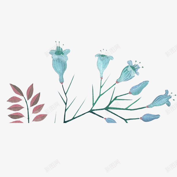 中国风花与叶png免抠素材_新图网 https://ixintu.com 创意手绘花与叶 卡通叶子 手绘中国风花 深色花柄 紫色叶子 蓝色花朵