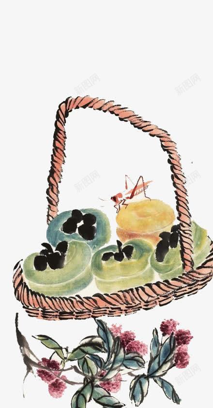 手绘竹篮中的柿子png免抠素材_新图网 https://ixintu.com 中国风插画 柿子 竹篮 鲜花植物