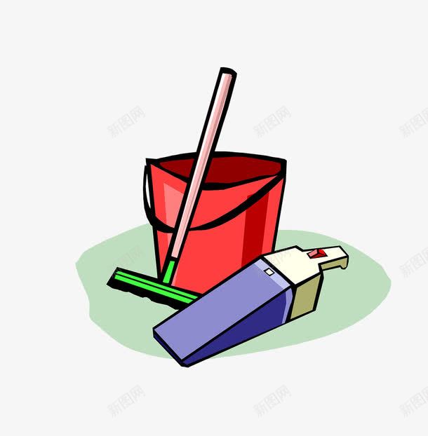 打扫工具png免抠素材_新图网 https://ixintu.com 卡通 手绘 拖把 水桶 红色
