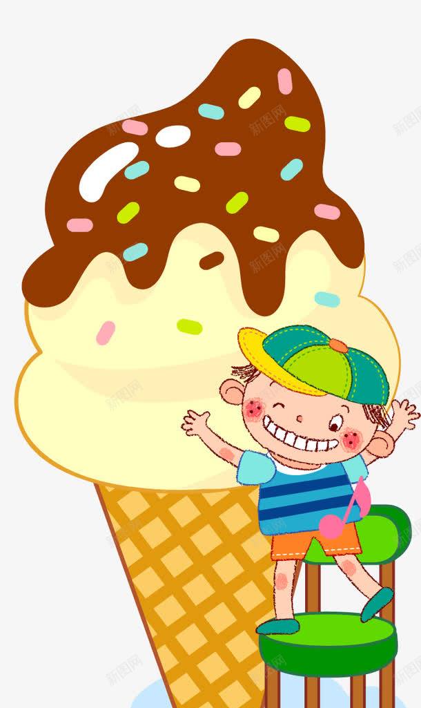 冰激凌png免抠素材_新图网 https://ixintu.com 冰激凌 小男孩 戴帽子 板凳 甜筒