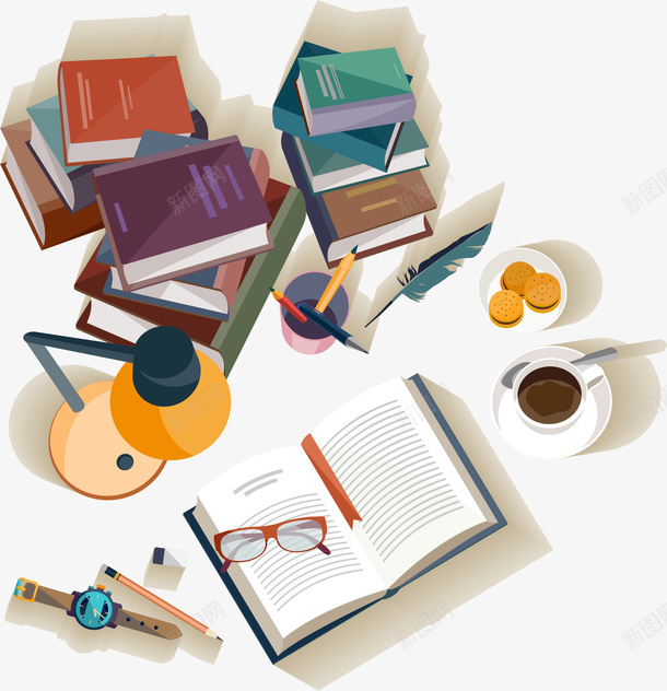 学习用品创意矢量图ai免抠素材_新图网 https://ixintu.com 书本 创意 台灯 咖啡 学习用品 眼睛 铅笔 矢量图