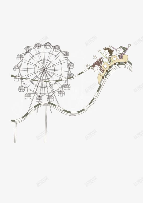 手绘过山车png免抠素材_新图网 https://ixintu.com 手绘 摩天轮 游乐场 过山车