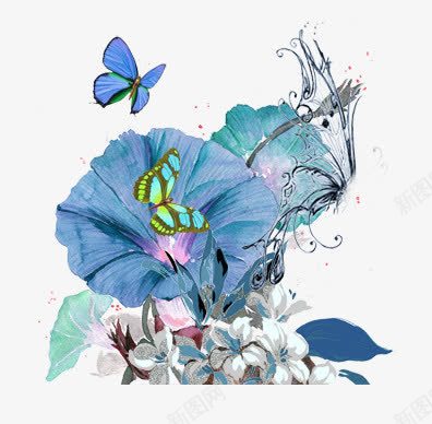 手绘牵牛花psd免抠素材_新图网 https://ixintu.com 兰花 手绘 牵牛花 蝴蝶