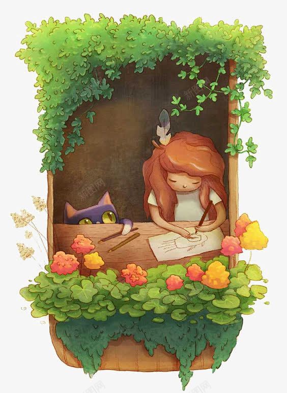 画画的小女孩png免抠素材_新图网 https://ixintu.com 卡通 女孩 手绘 插画 画画 窗户