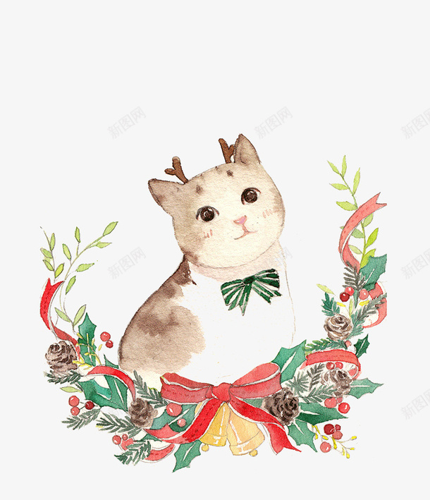 圣诞猫插画png免抠素材_新图网 https://ixintu.com 创意 圣诞 手绘 插画 猫