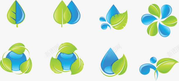 绿色树叶水资源装饰图标矢量图图标