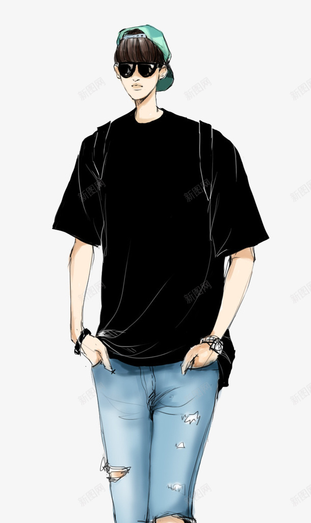 帅气韩国风黑衣男孩手绘插画png免抠素材_新图网 https://ixintu.com 手绘帅气男孩 手绘男孩 黑衣男孩插画