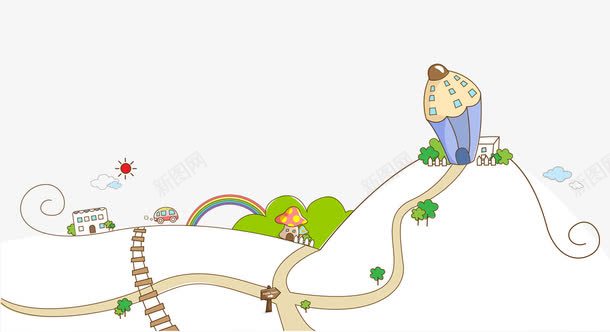 山丘小径儿童画背景png免抠素材_新图网 https://ixintu.com 太阳 小路 山坡 植物 铅笔