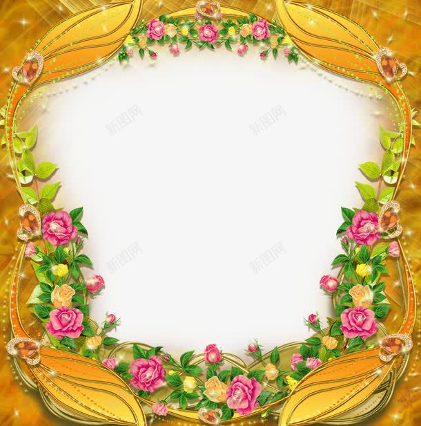 鲜花装饰的背景边框png免抠素材_新图网 https://ixintu.com 装饰 装饰背景 边框 边框背景 边框装饰 金色边框 鲜花 鲜花背景