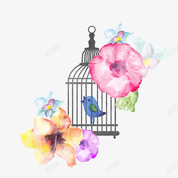 鸟笼花朵插画png免抠素材_新图网 https://ixintu.com 插画 插画图片 花朵 鸟笼