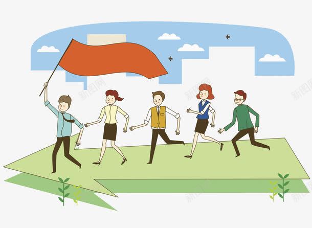 红旗人群png免抠素材_新图网 https://ixintu.com 卡通人物 卡通手绘 水彩画 红旗人群 装饰图案