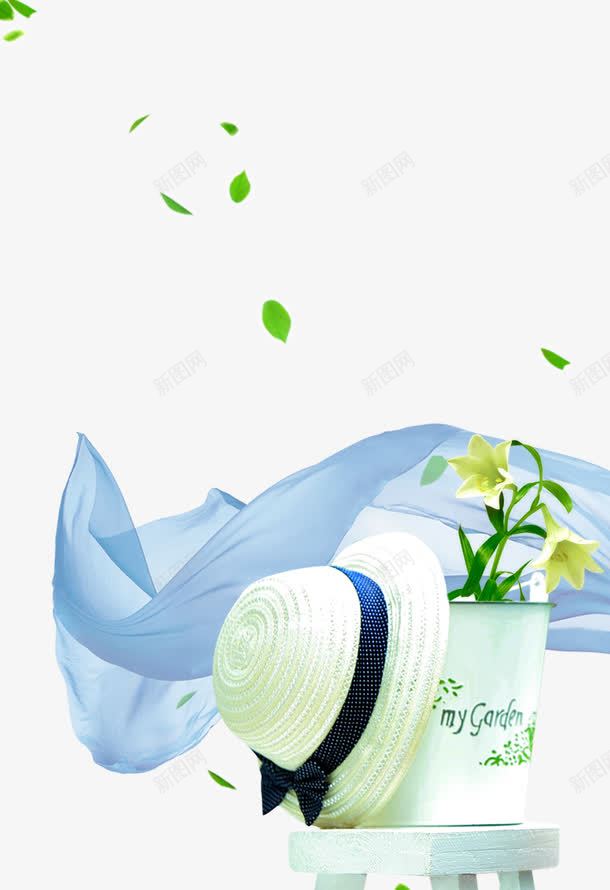 一顶草帽png免抠素材_新图网 https://ixintu.com 产品实物 帽子 树叶 白色草帽 花