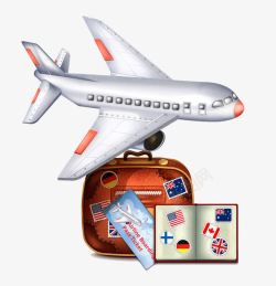 护照模板飞机下的箱子和护照插画高清图片