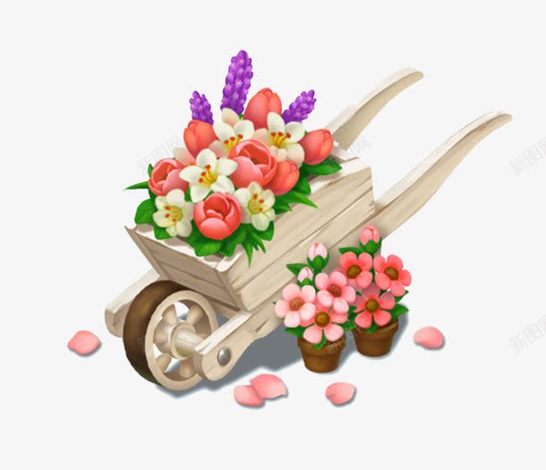 手绘装饰图案png免抠素材_新图网 https://ixintu.com 手推车 手绘鲜花 花瓣 花盘