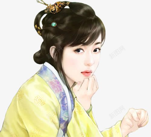 黄裙忧郁手绘女子png免抠素材_新图网 https://ixintu.com 女子 忧郁