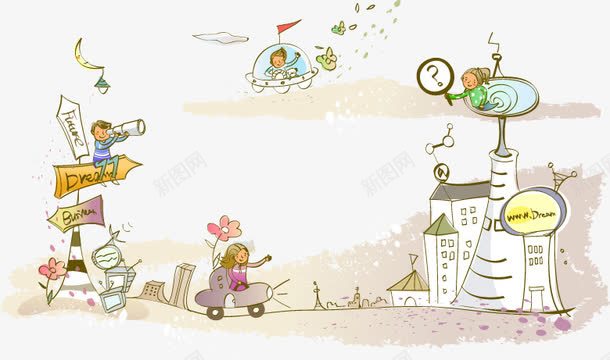手绘城市建筑png免抠素材_新图网 https://ixintu.com 卡通插画 城市 城市素材 手绘插画 指路牌 矢量城堡 矢量城市 矢量插画 矢量素材 矢量路标 矢量路牌