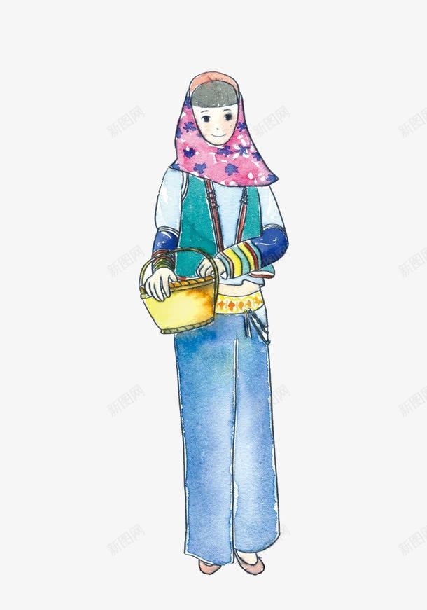 提篮子的惠安女孩水彩画png免抠素材_新图网 https://ixintu.com 惠安女 惠安女孩 提篮子 水彩画 粉色头巾