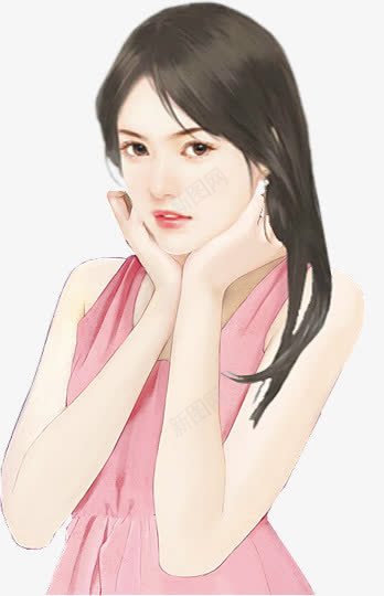 粉裙托腮女子png免抠素材_新图网 https://ixintu.com 女子
