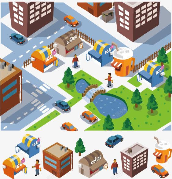 城市插画矢量图eps免抠素材_新图网 https://ixintu.com 商店 城市建筑 矢量素材 道路 矢量图