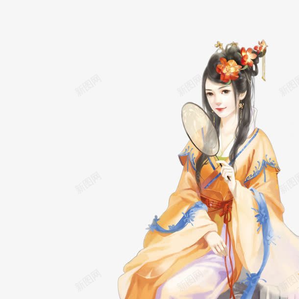 执扇黄衣美女古风手绘png免抠素材_新图网 https://ixintu.com 古风 美女