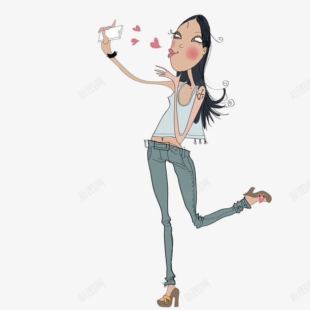 拿着手机自拍的女孩png免抠素材_新图网 https://ixintu.com 人物设计 卡通 手机 手绘 自拍