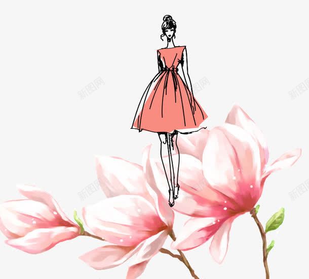 卡通手绘站在花上的女孩png免抠素材_新图网 https://ixintu.com 卡通 手绘 站在花上的女孩 粉色的花朵 红色的裙子