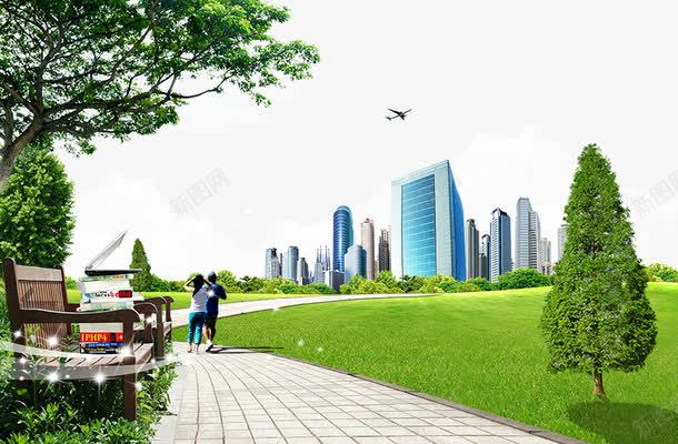 现代化城市psd免抠素材_新图网 https://ixintu.com 建筑物 现代化城市 草地 道路