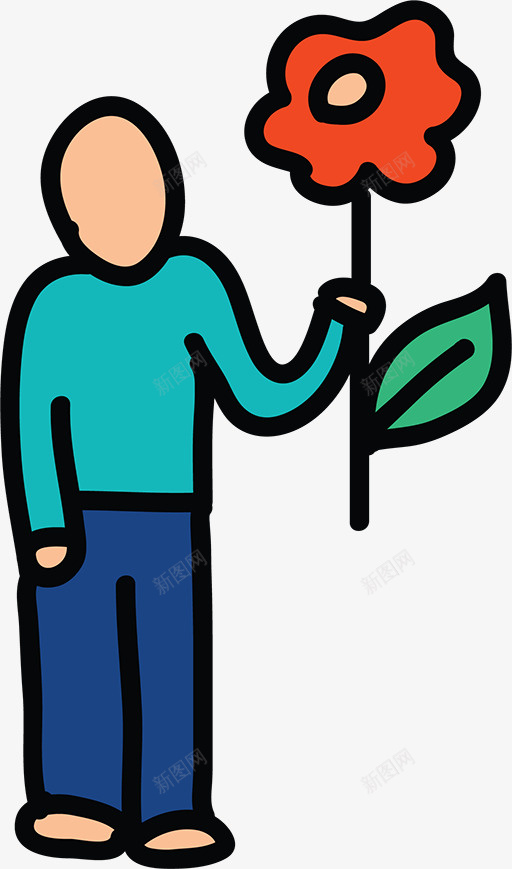 一个人一朵花png免抠素材_新图网 https://ixintu.com 一个 人物 卡通 手绘 简图 红色 花朵 蓝色