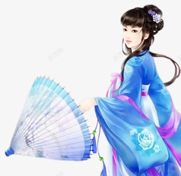 撑伞的蓝衣美女古风png免抠素材_新图网 https://ixintu.com 古风 美女