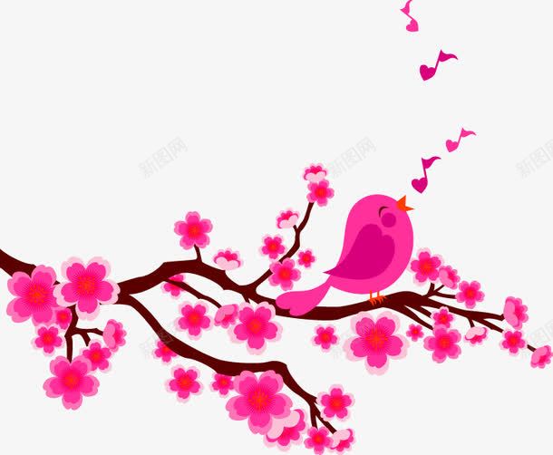 粉红色桃花卡通小鸟装饰图案png免抠素材_新图网 https://ixintu.com 免抠PNG 卡通 小鸟枝头歌唱 树枝 桃花 粉红色 装饰图案