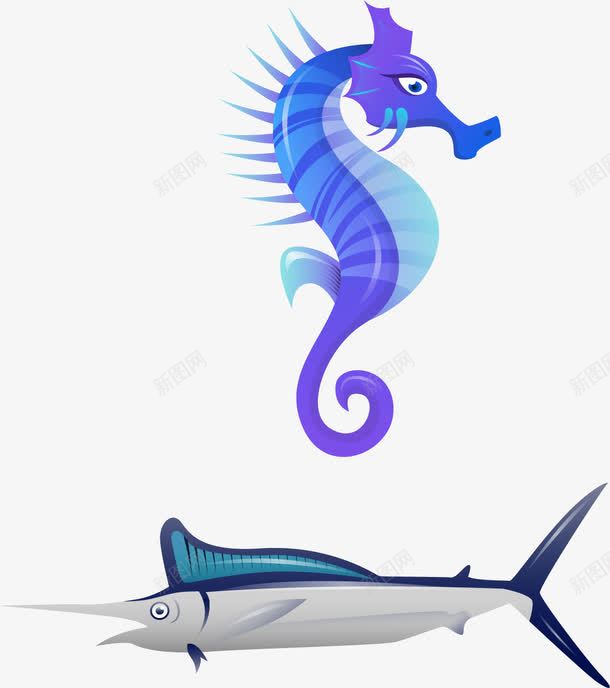 手绘海洋动物png免抠素材_新图网 https://ixintu.com 手绘 海洋动物 海马 金枪鱼