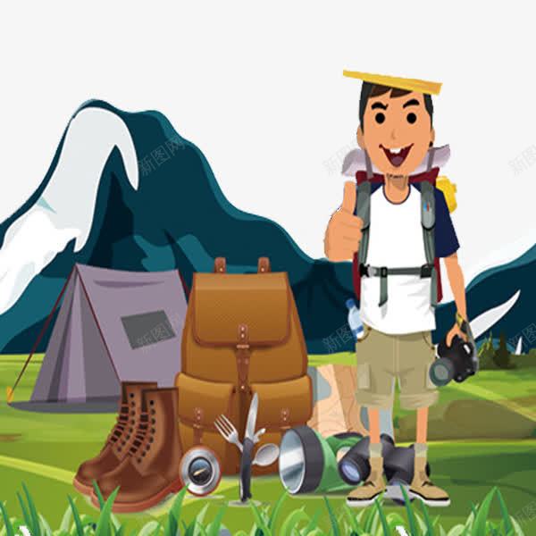 爱摄影的男孩png免抠素材_新图网 https://ixintu.com 卡通 旅行人 相机 背包 高山