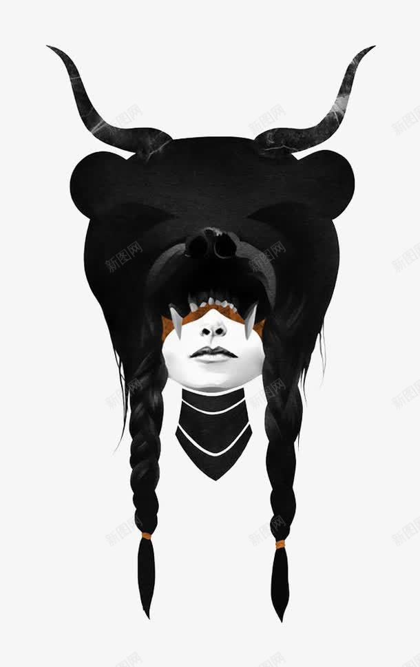 黑白牛头美女插画png免抠素材_新图网 https://ixintu.com 插画 牛头 美女 黑白